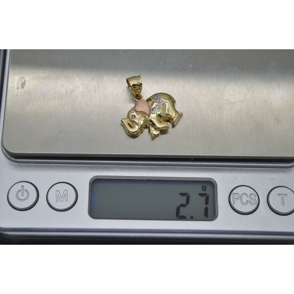 Real 10K Solid Tri-Color Gold Shiny Pink Eyes Elephant CZ Charm Pendant 2.7grams - Picture 7 of 8